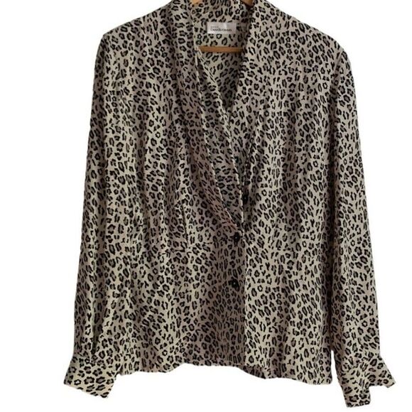 Vtg Dana Bachman 10 100%Silk ButtonDown LeopardPrint Lngslv Career Women Blouse - Picture 1 of 12